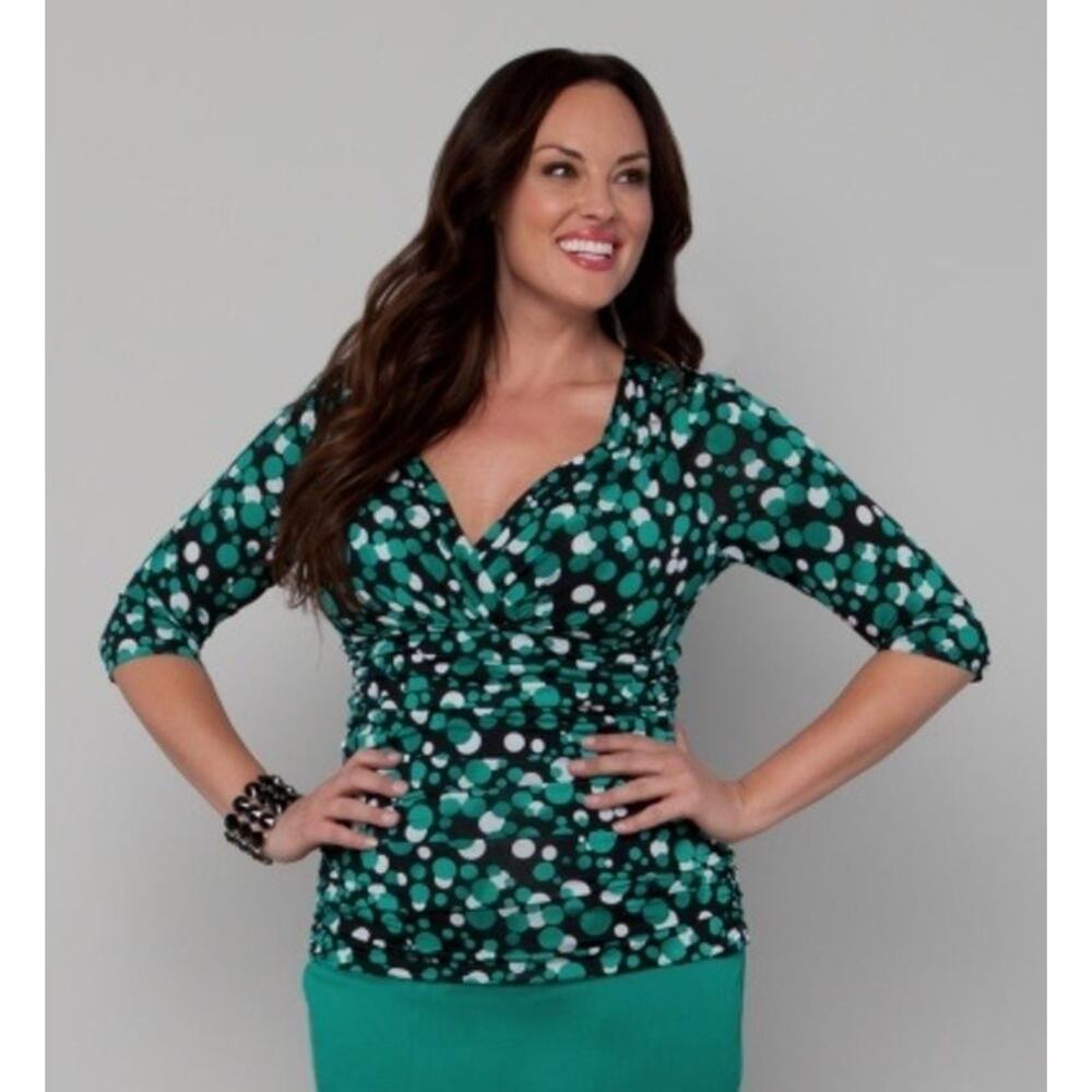 Kiyonna Green Top Peri Print Style Geometric 12 Ruched Sweetheart Neck Retro